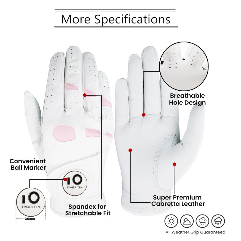 FINGER TEN Womenâ€™s Leather Golf Glove with Ball Marker Extra Grip 1 Pack, Left Right Hand Pink Fit Woman Girl, Size Small Medium Large XL (X-Large, Left) - Image 2
